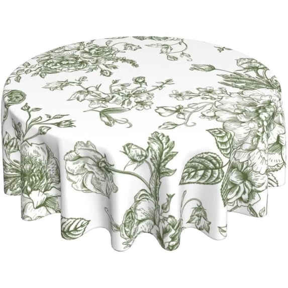 Sage Green Floral Tablecloth Round Chinoiserie Flowers Decorative Table Cloth Rustic Fabric Farmhouse Washable Table Cover for Picnic Party Holiday Home Indoor Outdoor