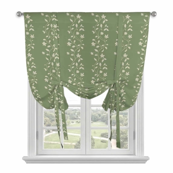 Sage Green Floral Tie Up Curtains for Windows, Adjustable Balloon Window Shades, Spring Flowers Kitchen Window Treatments Adjustable Roll Up Curtain for Basement/Nursery 52"x45"
