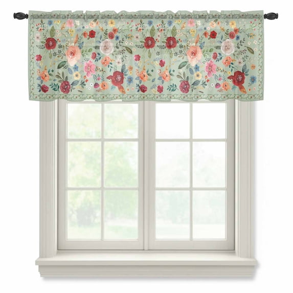 Sage Green Floral Valance Curtains for Kitchen/Living Room/Bathroom/Bedroom Window, Rod Pocket Small Topper Half Short Window Curtains Voile Sheer Scarf, Spring Flowers Leaves Farmhouse 60"x18"