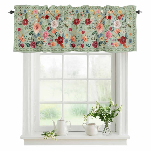 Sage Green Floral Valances for Windows, Rod Pocket Kitchen Valance Curtains - Soft & Washable Small Window Treatment for Living Room, Bathroom, Farmhouse Vintage Flower 42x12inch, 1 Panel