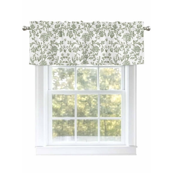 Sage Green Floral Valances for Windows, Rod Pocket Kitchen Valance Curtains - Soft & Washable Small Window Treatment for Living Room, Bathroom, Spring Farmhouse, 54x18inch