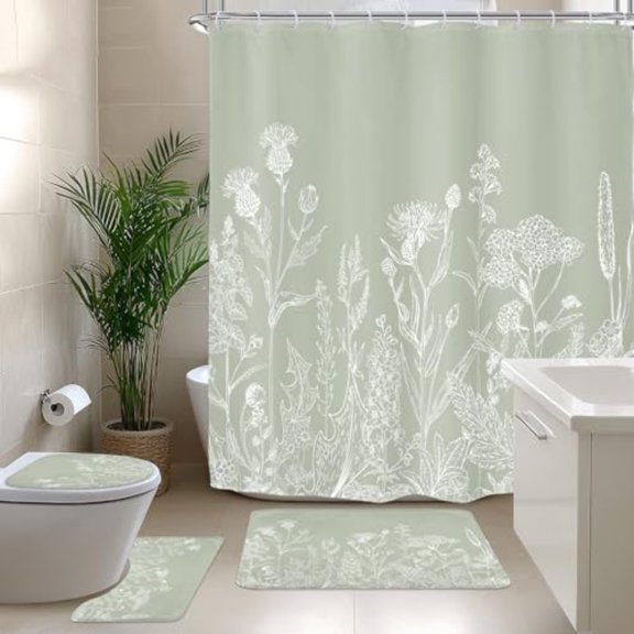 Sage Green Floral Wildflower 4Pcs Bathroom Shower Curtain Sets Vintage Botanical Leaves Bathroom Decor Set with Rugs and Accessories Rustic Toilet Lid Rug Contour and Bath Mat with 12 Hooks