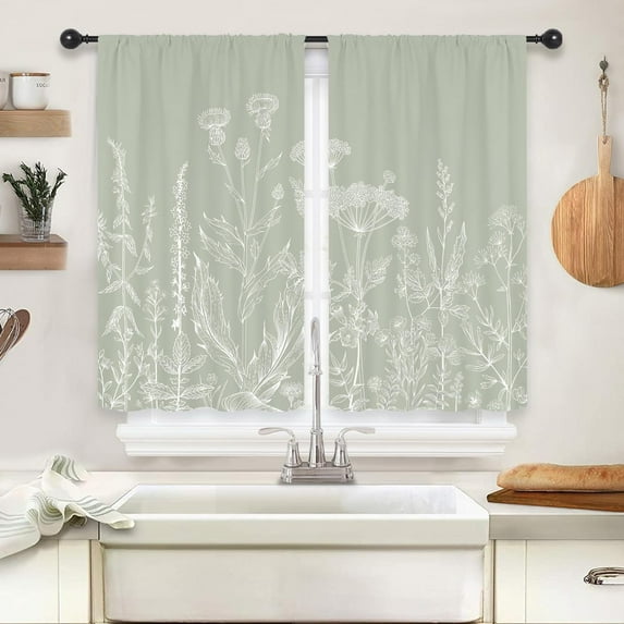 Sage Green Floral Wildflower Kitchen Curtains Short Small Rustic Botanical Leaves Vintage Flower Herb Farmhouse Rod Pocket Nature Bedroom Living Room Treatment Fabric 2 Panels 27.5Wx39H Inch