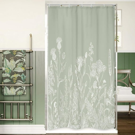 Sage Green Floral Wildflower Shower Curtain for Bathroom Decor 36Wx72H Nature Wildflower Botanical Herbs Country Spring Leaf Art Printed Fabric Polyester Waterproof 7 Pack Plastic Hooks