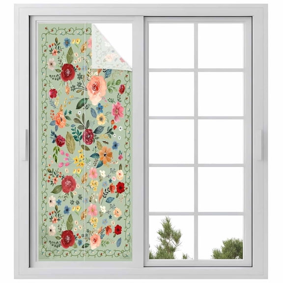 Sage Green Floral Window Privacy Film, Spring Flowers Leaves Farmhouse Static Cling UV Sun Blocking Heat Control Window Tint Day and Night, Non-Adhesive One Way Windows Privacy Cover 23.6''x59''