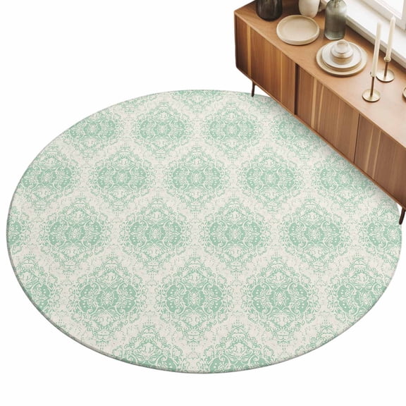 Sage Green Flower Area Rug, Ethnic Middle East Non-Slip Felt Rubber Backing Round Indoor Carpet Washable Rugs for Living Room Bedroom 3.3ft