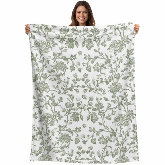 Sage Green Flower Blanket Soft Cozy Warm Throw Blanket for Couch, Plush Fuzzy Flannel Fleece Blankets for Sofa, Vintage Farmhouse Boho Leaf Spring Bed Blankets Lightweight Gifts for Women, 32"x48"
