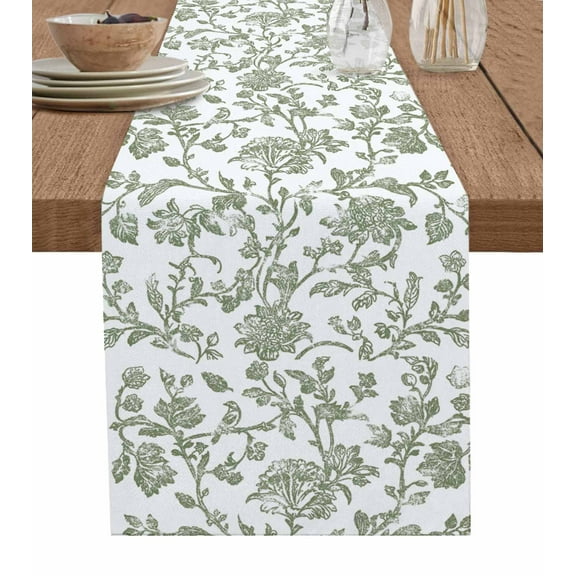 Sage Green Flower Burlap Cotton Table Runner 13x36 Inches Short, Vintage Farmhouse Boho Leaf Spring Farmhouse Table Runners, Outdoor Dining Tablecloths Decor for Baby Shower/Party/Wedding