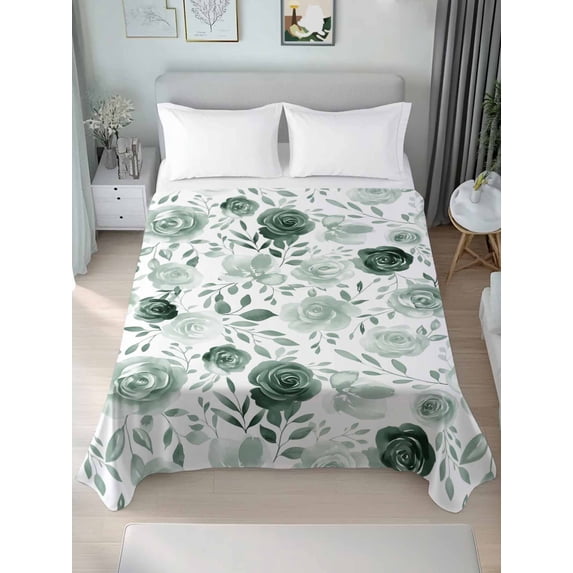 Sage Green Flower California King Size Flat Sheet, Wrinkleproof & Fadeproof Cooling Flat Bed Sheet Only, Vintage Rose Floral Botanical Leaf Breathable Soft Bedding Top Sheets 108 x 98 Inches