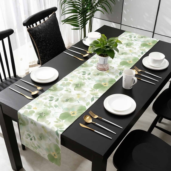 Sage Green Flower Cotton Linen Table Runner 14 x 72 inch Abstract Garden Botanical Leaves Non-slip Rectangular Dining Table Decor for Wedding Party Holiday Dinner