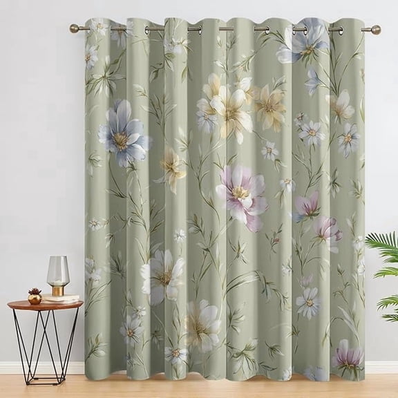 Sage Green Flower Curtains, 95% Blackout Curtains Floral Rustic Pattern, Leaves Decor for Living Room Bedroom, Thermal & Darkening Grommet Drapes 26"W x 63"L (Pack of 2)