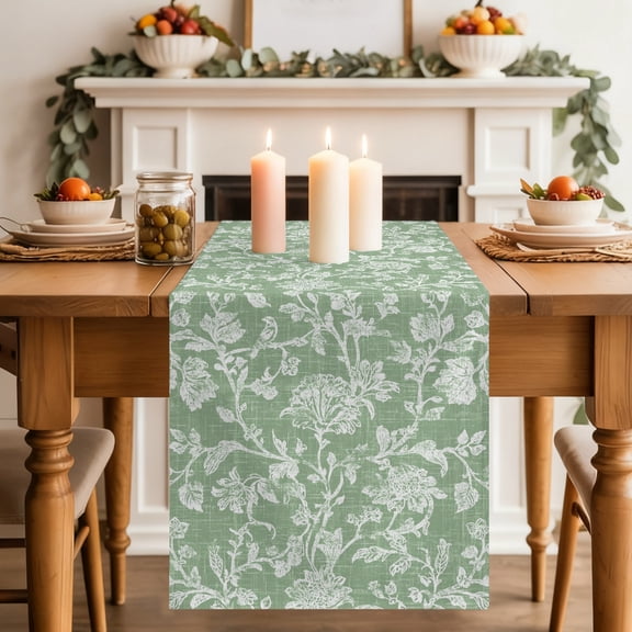 Sage Green Flower Dining Table Runner, Pastoral White Plant Petal Leaf Rustic Linen Washable Table Runners Kitchen Coffee Table Center Decor for Home Party Holiday Wedding 13 x 60 Inches