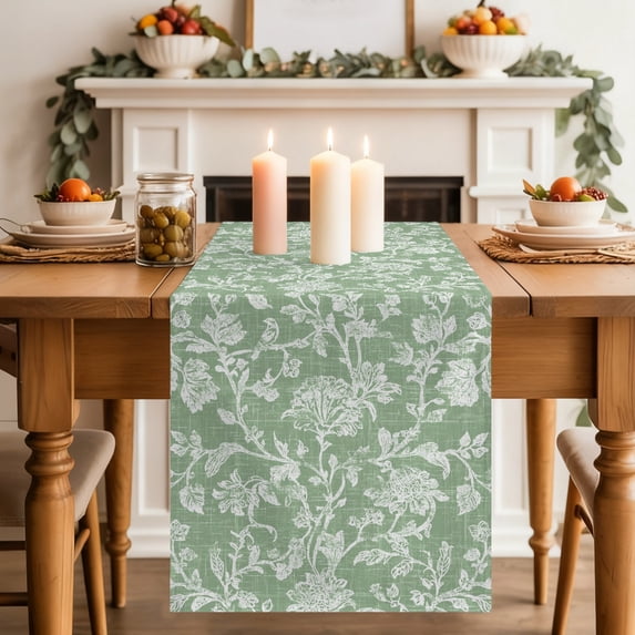 Sage Green Flower Dining Table Runner, Pastoral White Plant Petal Leaf Rustic Linen Washable Table Runners Kitchen Coffee Table Center Decor for Home Party Holiday Wedding 13 x 90 Inches