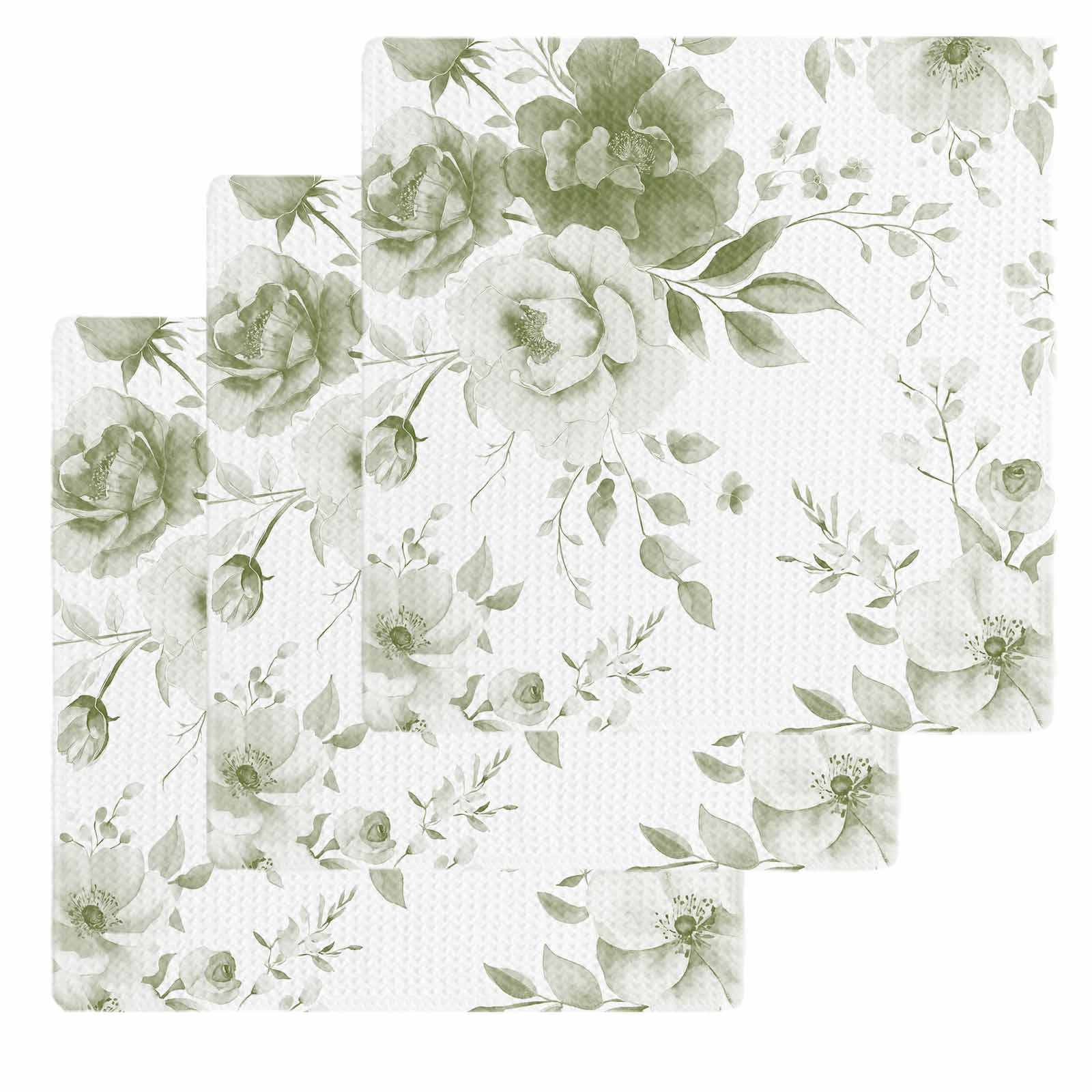 Sage Green Flower Dish Towels Set, Waffle Weave Kitchen Towels 3 Pieces, Watercolor Gradient Retro Floral Microfiber Hair Face Bath Tea Towel Absorbent Quick Drying Cleaning Dish Cloths 12"x12"