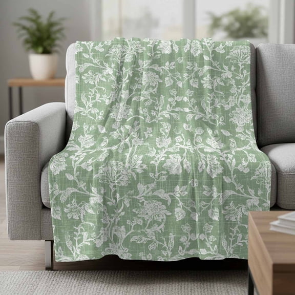 Sage Green Flower Fleece Blanket, Pastoral White Plant Petal Leaf Rustic Linen Ultra Soft Warm Throw Blanket Lightweight Plush Bed Blanket, Home Decor Throws for Couch Bed Sofa, 30x40 inches