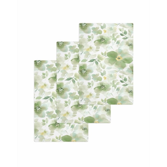 Sage Green Flower Kitchen Dish Towels for Drying Dishes Set of 3, Abstract Garden Botanical Leaves Waffle Weave Microfiber Terry Hand Tea Bathroom Towels Quick Dry & Absorbent Towel 15.7x23.6