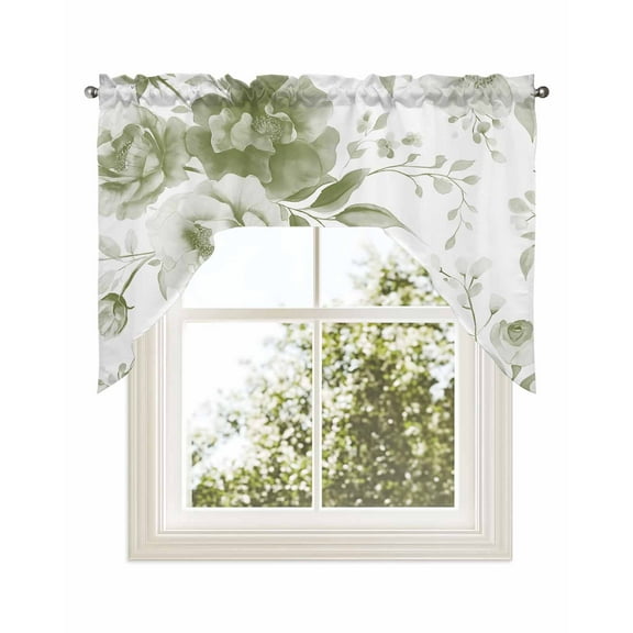 Sage Green Flower Kitchen Swag Valance for Window, Rod Pocket Short Kitchen Curtains&nbsp;36 Inch Length, Watercolor Gradient Retro Floral Swag Topper Small Window Treatment for Cafe Bathroom Bedroom