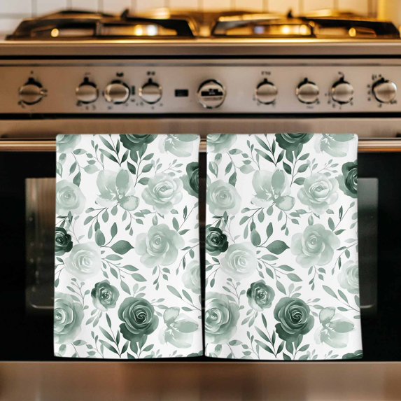 Sage Green Flower Kitchen Towels Set of 1, Vintage Rose Floral Botanical Leaf Absorbent Dish Towels for Kitchen, Microfiber Hand Towel, Quick Drying Tea Towel for Cleaning Decorative Dishcloths