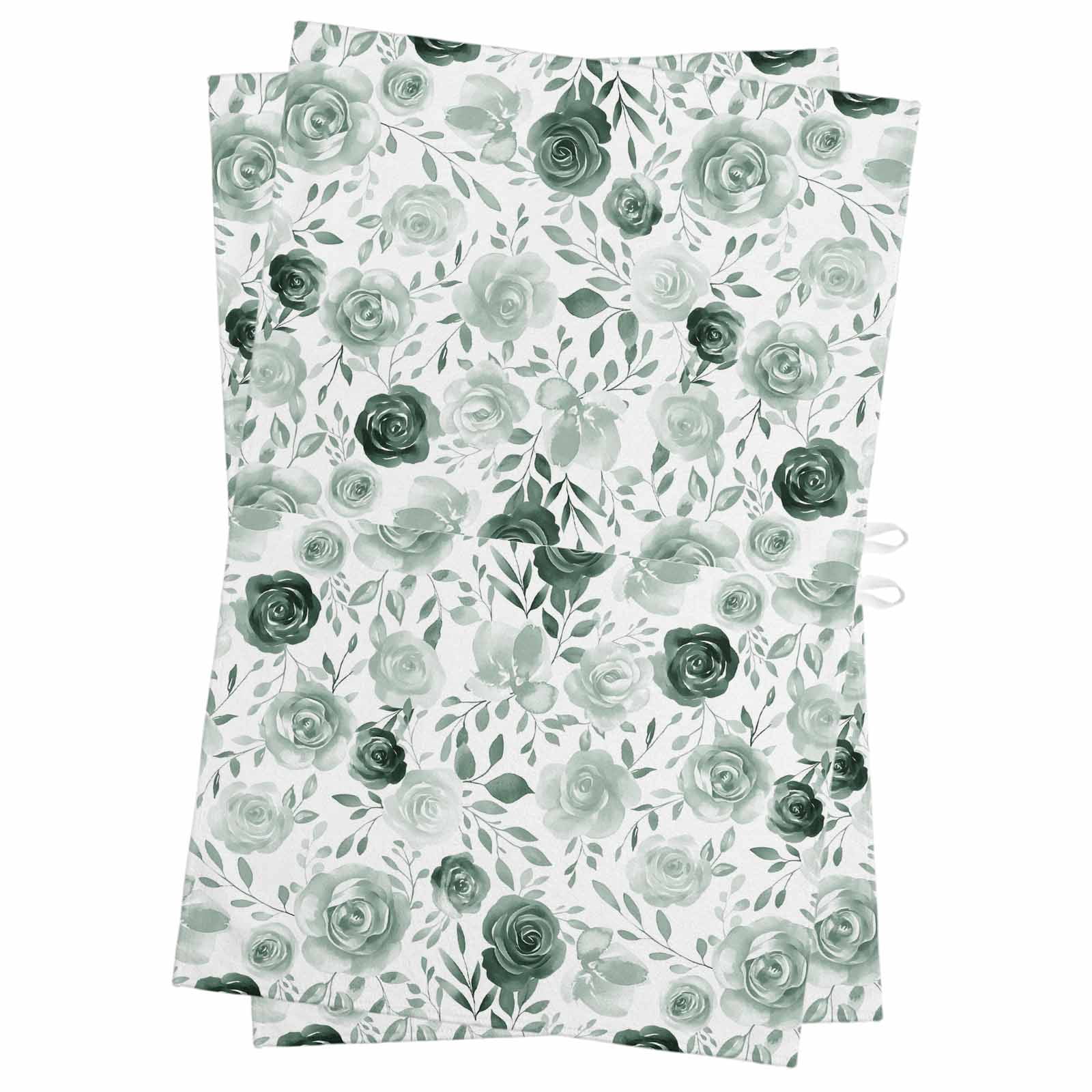 Sage Green Flower Kitchen Towels Set of 2, Water Absorbent Dish Towel, Vintage Rose Floral Botanical Leaf Decorative Hand Towels - Quick Drying Cloth for Cooking Baking, 18x28 Inch