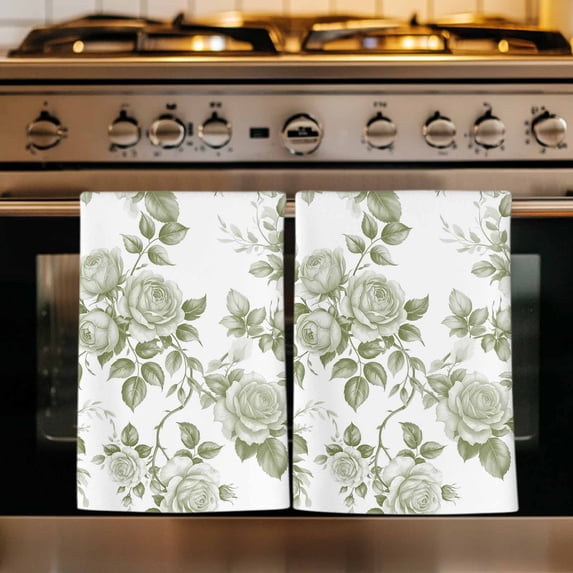 Sage Green Flower Kitchen Towels Set of 3, Vintage Country Rose Leaf Floral Absorbent Dish Towels for Kitchen, Microfiber Hand Towel, Quick Drying Tea Towel for Cleaning Decorative Dishcloths