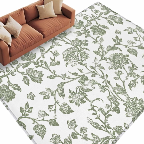Sage Green Flower Large Area Rugs for Bedroom Living Room, Soft Non Slip Carpet Bedside Rug, Vintage Farmhouse Boho Leaf Spring Rectangular Floor Cover Kitchen Accent Rug 5'x8' for Dining Room/Office