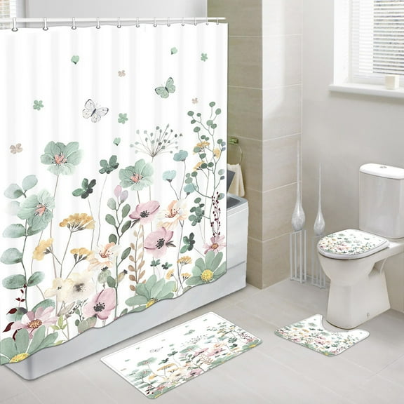 Sage Green Flower Modern Minimalist Beige Shower Curtain Set with Bathroom Toilet Pad Cover Bath Mat, Botanical Farmhouse Rustic Yellow Pink Floral Shower Mats Bath Rug Contour Mat, 72X72IN