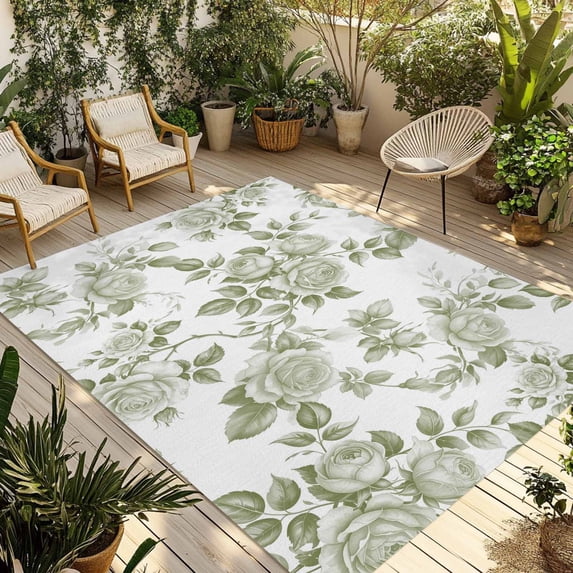 Sage Green Flower Outdoor Rug 3x5 Ft - Reversible Patio Rug Outdoor Camping Rugs, Vintage Country Rose Leaf Floral Washable Indoor Outdoor Area Rugs, Non-Slip Outdoor Carpet Runner for Deck/Porch