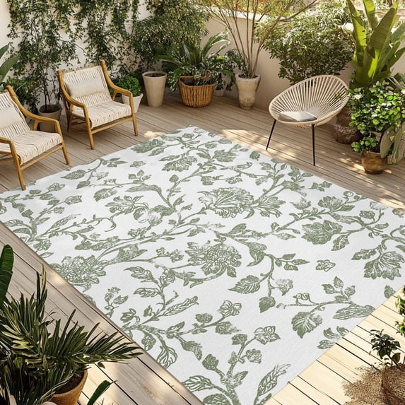 Sage Green Flower Outdoor Rug 3x5 Ft - Reversible Patio Rug Outdoor Camping Rugs, Vintage Farmhouse Boho Leaf Spring Washable Indoor Outdoor Area Rugs, Non-Slip Outdoor Carpet Runner for Deck/Porch
