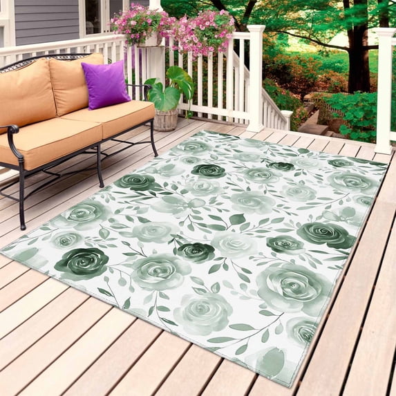 Sage Green Flower Outdoor Rug for Patio/Deck/Porch, Non-Slip Large Area Rug 4 x 6 Ft, Vintage Rose Floral Botanical Leaf Indoor Outdoor Rugs Washable Area Rugs, Reversible Camping Rug Carpet Runner