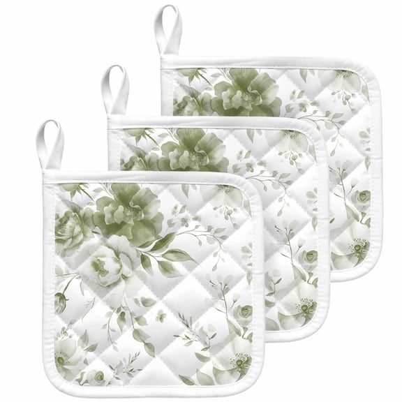 Sage Green Flower Pot Holders for Kitchen Heatproof Potholder, 3 Pack Watercolor Gradient Retro Floral Hot Pads Multipurpose Oven Pads Cloth Potholders Trivet for Cooking Baking