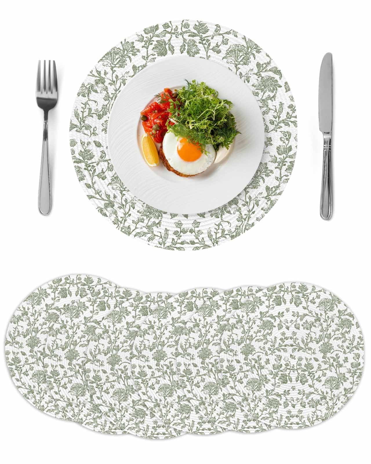 Sage Green Flower Round 13 Inch Placemats Set of 6, Vintage Farmhouse Boho Leaf Spring HeatResistant Non Slip Place Mats for Dining Table, Wipeable Braided Kitchen Table Mats for Housewarming
