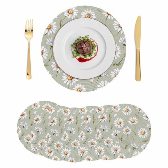 Sage Green Flower Round 13 Inch Placemats Set of 6, Vintage Watercolor Floral Leaf HeatResistant Non Slip Place Mats for Dining Table, Wipeable Braided Kitchen Table Mats for Housewarming