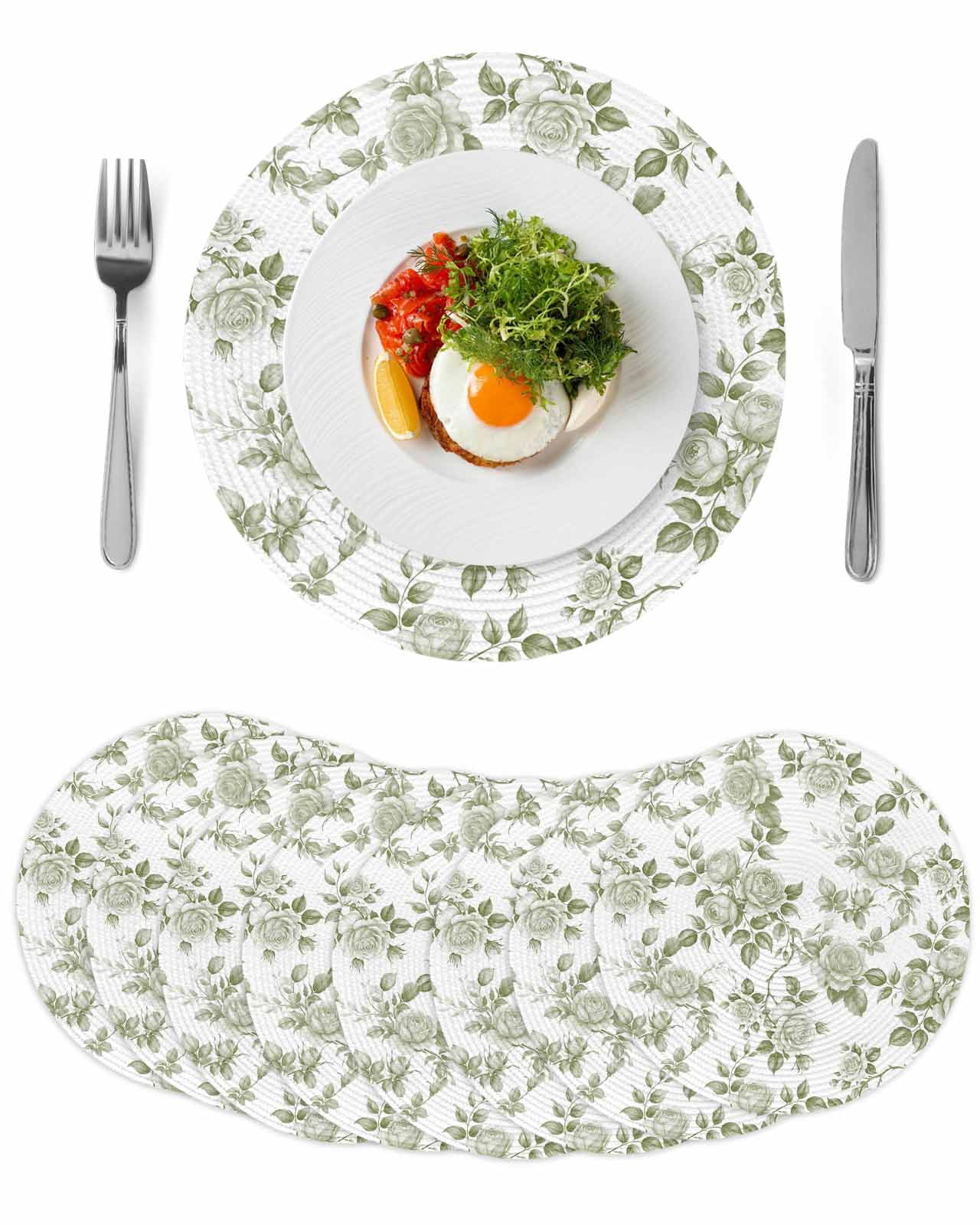 Sage Green Flower Round 13 Inch Placemats Set of 8, Vintage Country ...