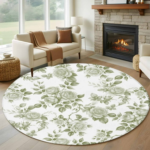 Sage Green Flower Round Area Rug 5 FT, Non Slip Bedroom Area Rug, Vintage Country Rose Leaf Floral Washable Soft Circular Carpet Non-Shedding Floor Mat for Kitchen Dining Room Foyer Balcony Dorm