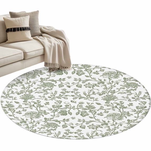 Sage Green Flower Round Rug 4ft Area Rug Washable Soft Non-Slip 4' Circle Low Pile Rugs Vintage Farmhouse Boho Leaf Spring Carpet for Bedroom Living Room Entryway Home Office Dining Room