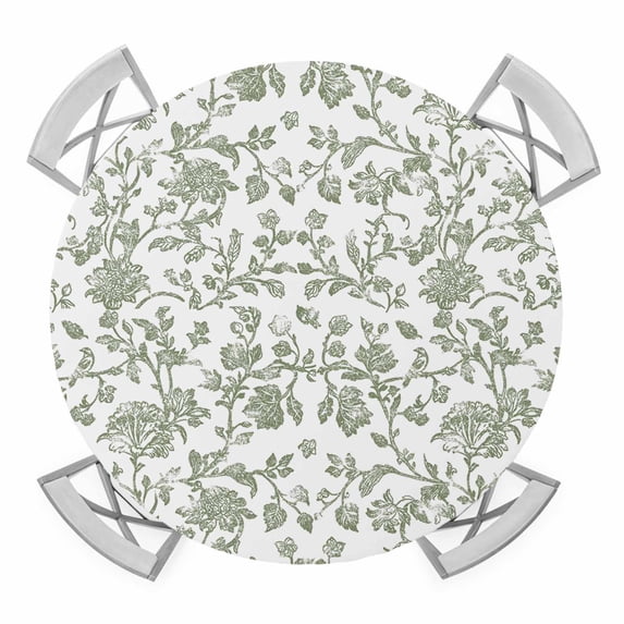 Sage Green Flower Round Tablecloth for 45-54 Inch Tables,Fitted Table Cover with Elastic Edge,Vintage Farmhouse Boho Leaf Spring Waterproof Outdoor Table Cloth Protector for Patio Garden Dinner