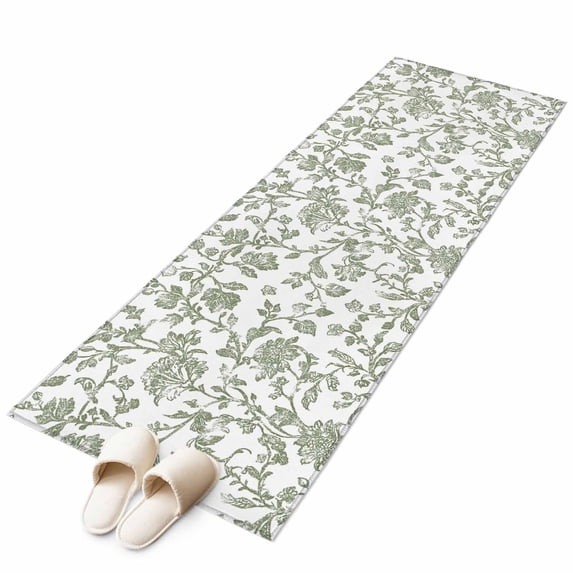 Sage Green Flower Runner Rug 2x6 Washable Kitchen Rug Non-Slip Lightweight Thin Soft Low Pile Bathroom Runner Vintage Farmhouse Boho Leaf Spring Carpet for Hallway Laundry Room Bedroom Entryway