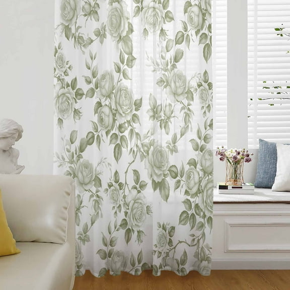Sage Green Flower Semi Sheer Curtains Drapes for Living Room, Bedroom, French Doors Window 45 Inches Long, Vintage Country Rose Leaf Floral Rod Pocket Chiffon Curtain Drapery Voile Draperies Panel