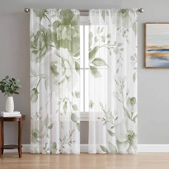 Sage Green Flower Semi Sheer Window Curtains 96 Inches Long, Watercolor Gradient Retro Floral Rod Pocket Voile Silky Chiffon Curtain Light Filtering Drapes for Living Room, Kitchen, 52"x96", 2 Panels