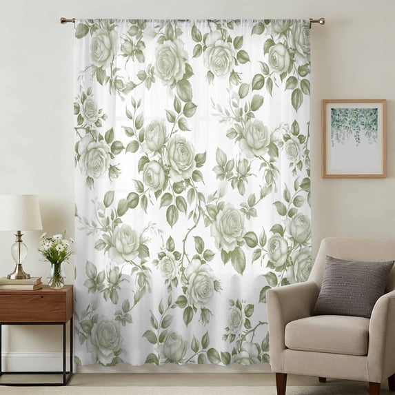 Sage Green Flower Sheer Curtains 84 Inches Long, Vintage Country Rose Leaf Floral Light Filering Curtains, Breathable Simi Curtain Privacy Drapes for Living Room Bedroom Lightweight Window Treatment