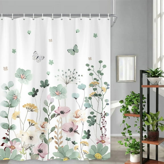 Sage Green Flower Shower Curtain, Botanical Farmhouse Rustic Yellow Pink Floral Bathroom Curtains, Modern Minimalist Beige Restroom Accessories Decor Hooks Included, 72X72in