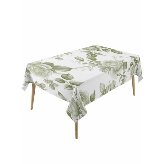Sage Green Flower Table Cloth, Vintage Country Rose Leaf Floral Waterproof Tablecloth for Rectangle Tables, Reusable Washable Fabric Table Cover for Restaurant Kitchen Dining Tables 60"x120"