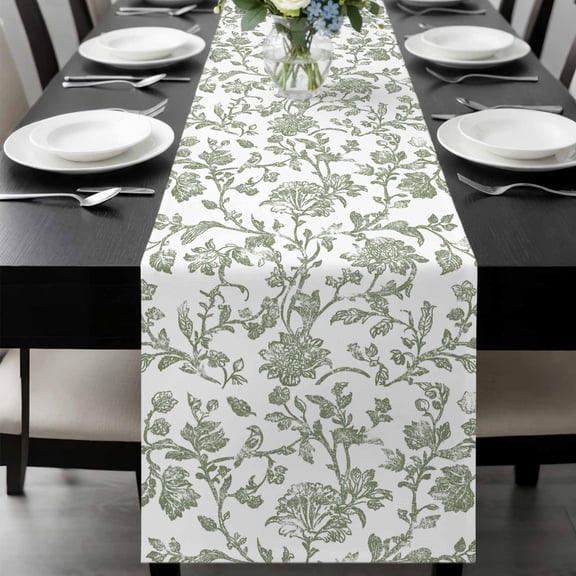 Sage Green Flower Table Runner 108 Inches Long, Vintage Farmhouse Boho Leaf Spring Kitchen Coffee Dining Table Decoration for Home Party Birthday Wedding Home Decor 13x108 Inches