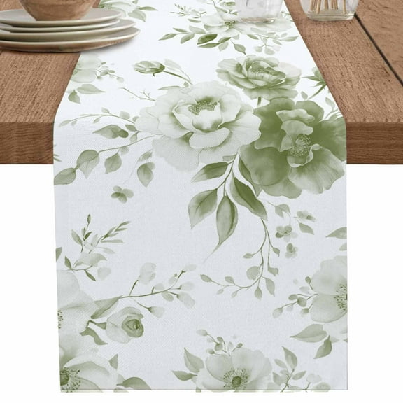 Sage Green Flower Table Runner 90 Inches Long for Dining Table Decor,Watercolor Gradient Retro Floral Burlap Linen Farmhouse Table Runner Coffee Table Runners Dresser Scarf for Kitchen Party Holiday