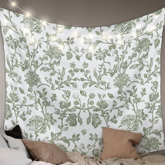 Sage Green Flower Tapestry for Bedroom Wall Hanging Tapestry, Vintage Farmhouse Boho Leaf Spring Ceiling Backdrop Tapestries Poster Blanket Wall Decor for Teens Room Living Room Dorm 51" x 59"