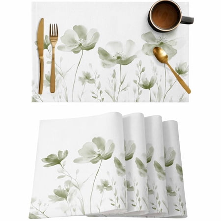 Sage Green Flower on White Placemats Set of 4,Wipeable Washable Table Mats for Dining Tables,Still Life Floral Place Mats for Kitchen Event Party Tabletop Decor