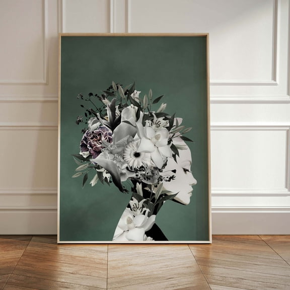 Sage Green Flower Woman Wall Art Print, Flower Head, Botanical Print, Floral Poster, Maximalist, Living Room Decor, Giclée, Bedroom Wall Art, Modern Wall Decor, 8x12 UNFRAMED