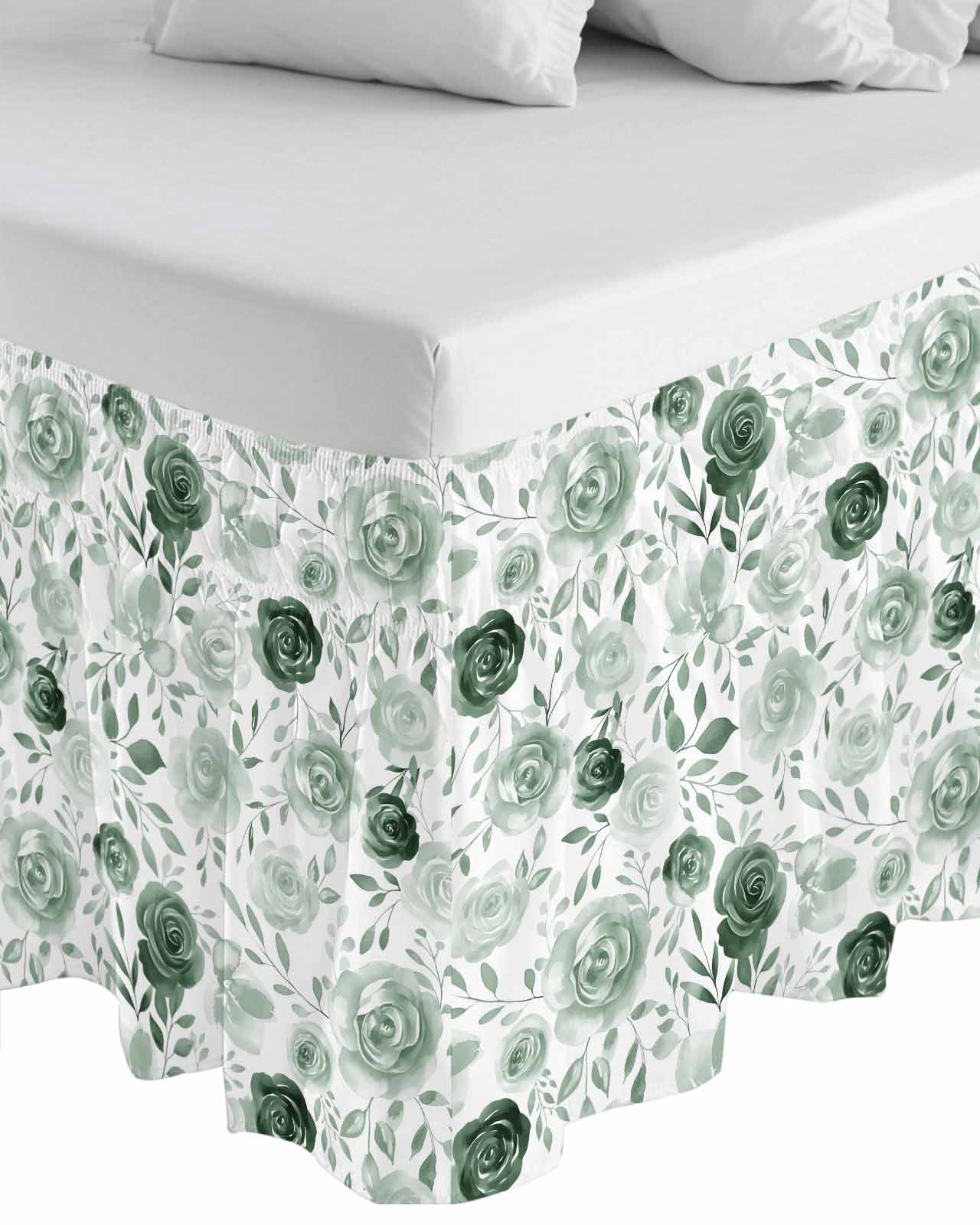 Sage Green Flower Wrap Around Bed Skirts for Queen Bed 16" Drop,Bed Skirt with Adjustable Elastic Belt Dust Ruffle Bed Valance for Bedroom Hotel Vintage Rose Floral Botanical Leaf Bed Frame Cover