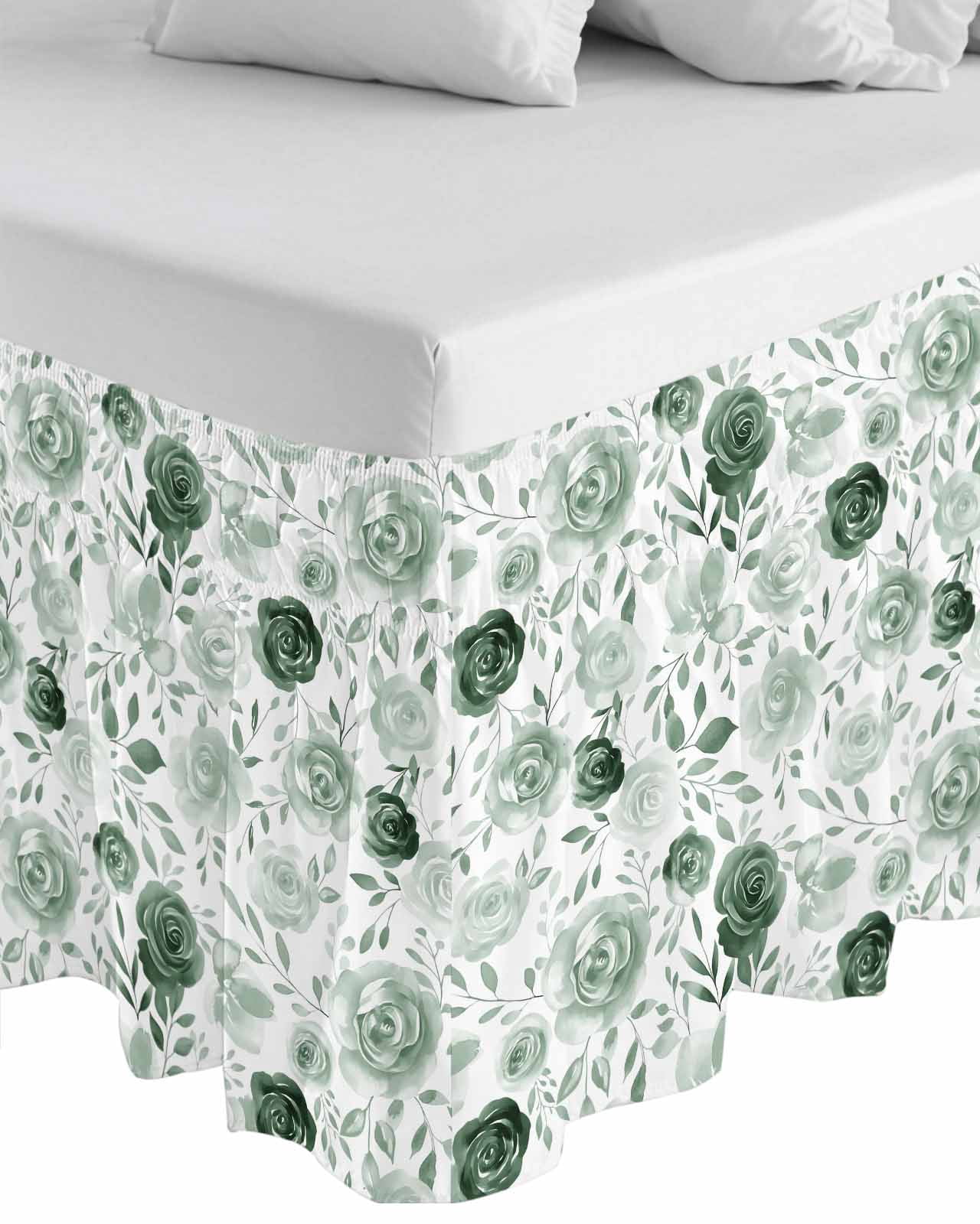 Sage Green Flower Wrap Around Bed Skirts for Queen Bed 18" Drop,Bed Skirt with Adjustable Elastic Belt Dust Ruffle Bed Valance for Bedroom Hotel Vintage Rose Floral Botanical Leaf Bed Frame Cover