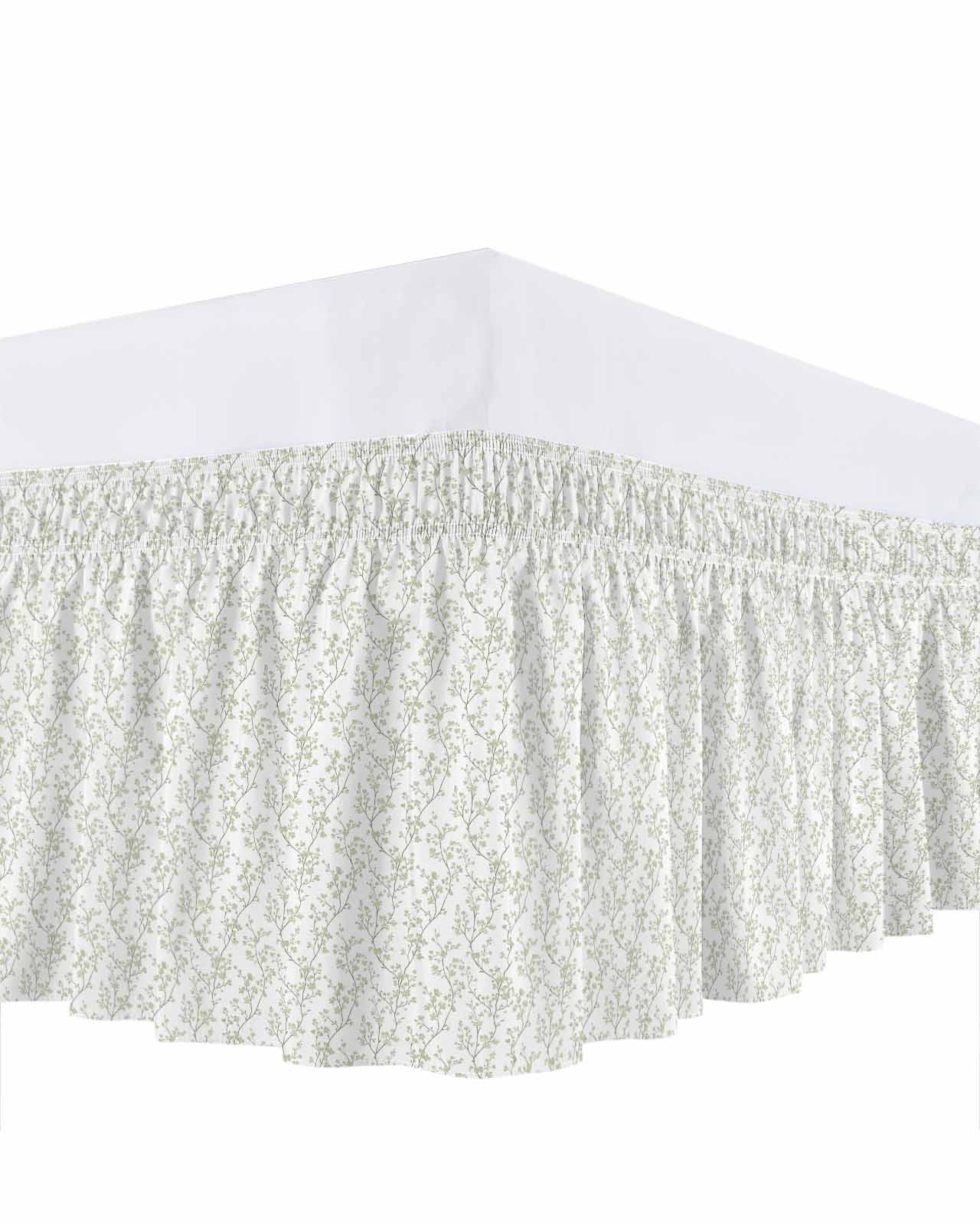Sage Green Flowers Bed Skirt King Size 18" Drop Branches Plants Ruffled Wrap Around Bed Skirts Adjustable Elastic Bedskirt Dust Ruffle for King Size Bed